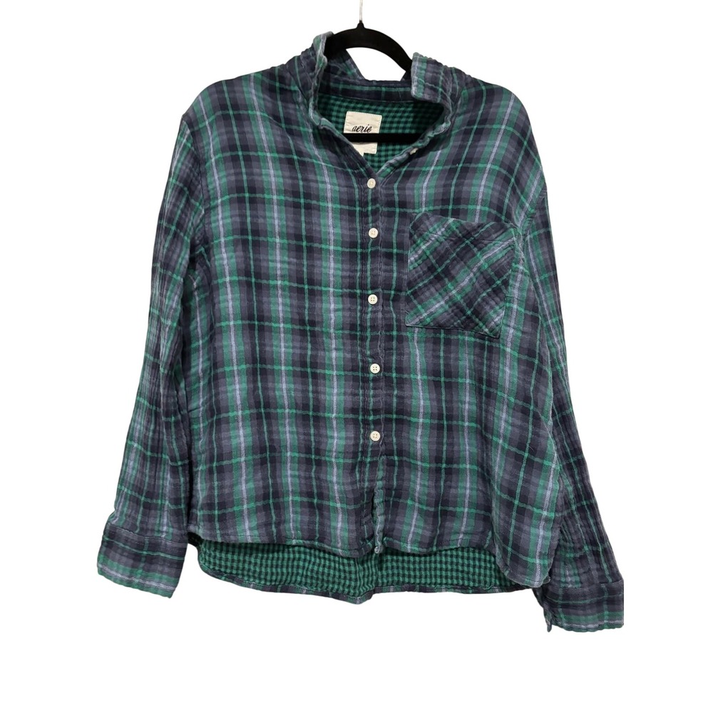 Women's sz M Aerie plaid blue green cotton button down shirt #‎ 890